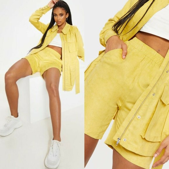 PRETTYLITTLETHING Mustard Yellow Faux Suede Pocket Detail Jacket + Shorts SZ 2 - Picture 3 of 16